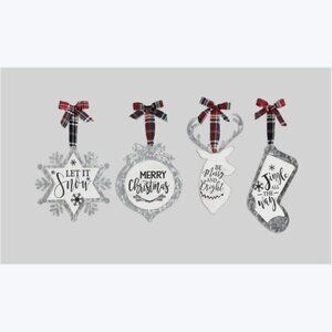 4-Piece Metal Christmas Ornaments, Festive Plaid Ribbon Different Festive Saying